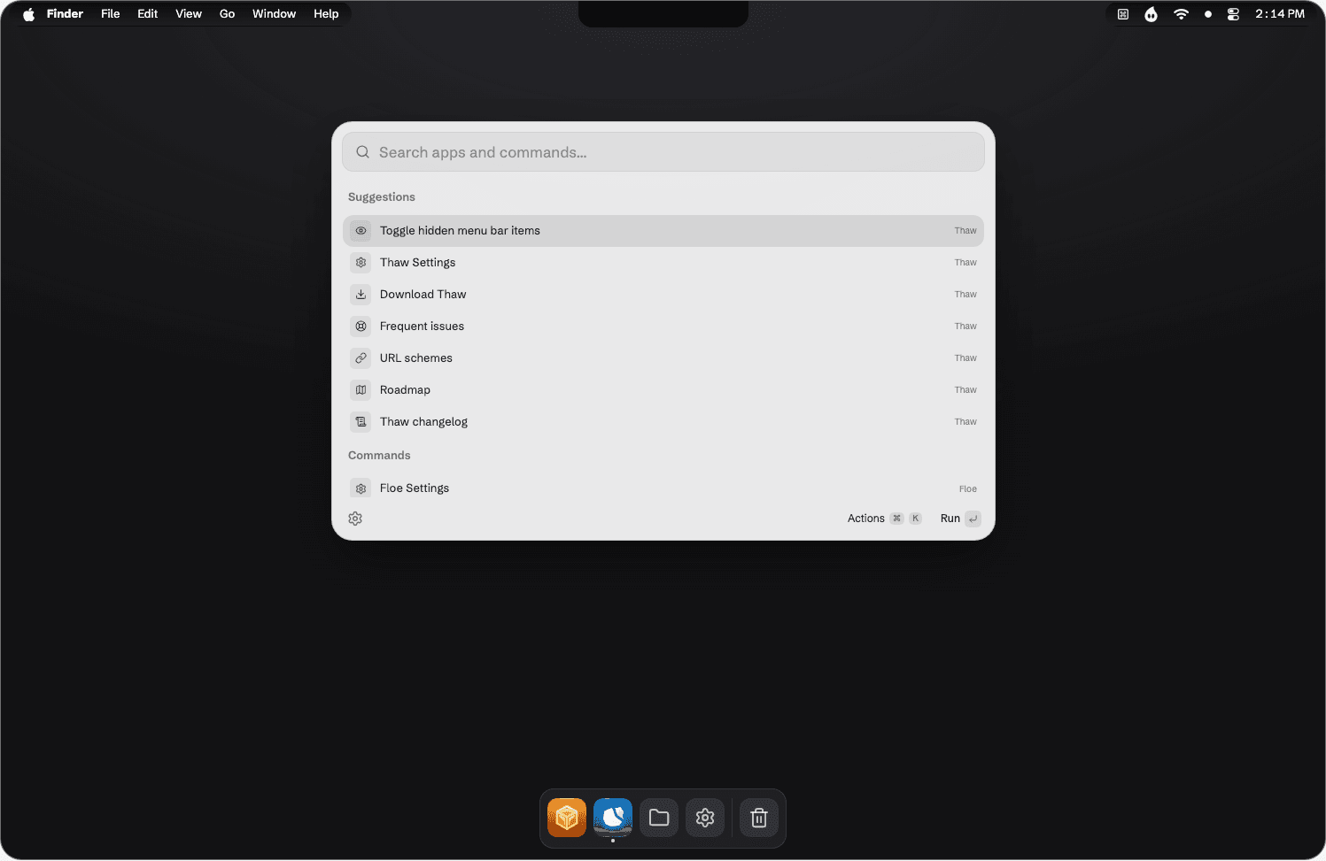Floe’s launcher open under a menu bar, with a Dock below